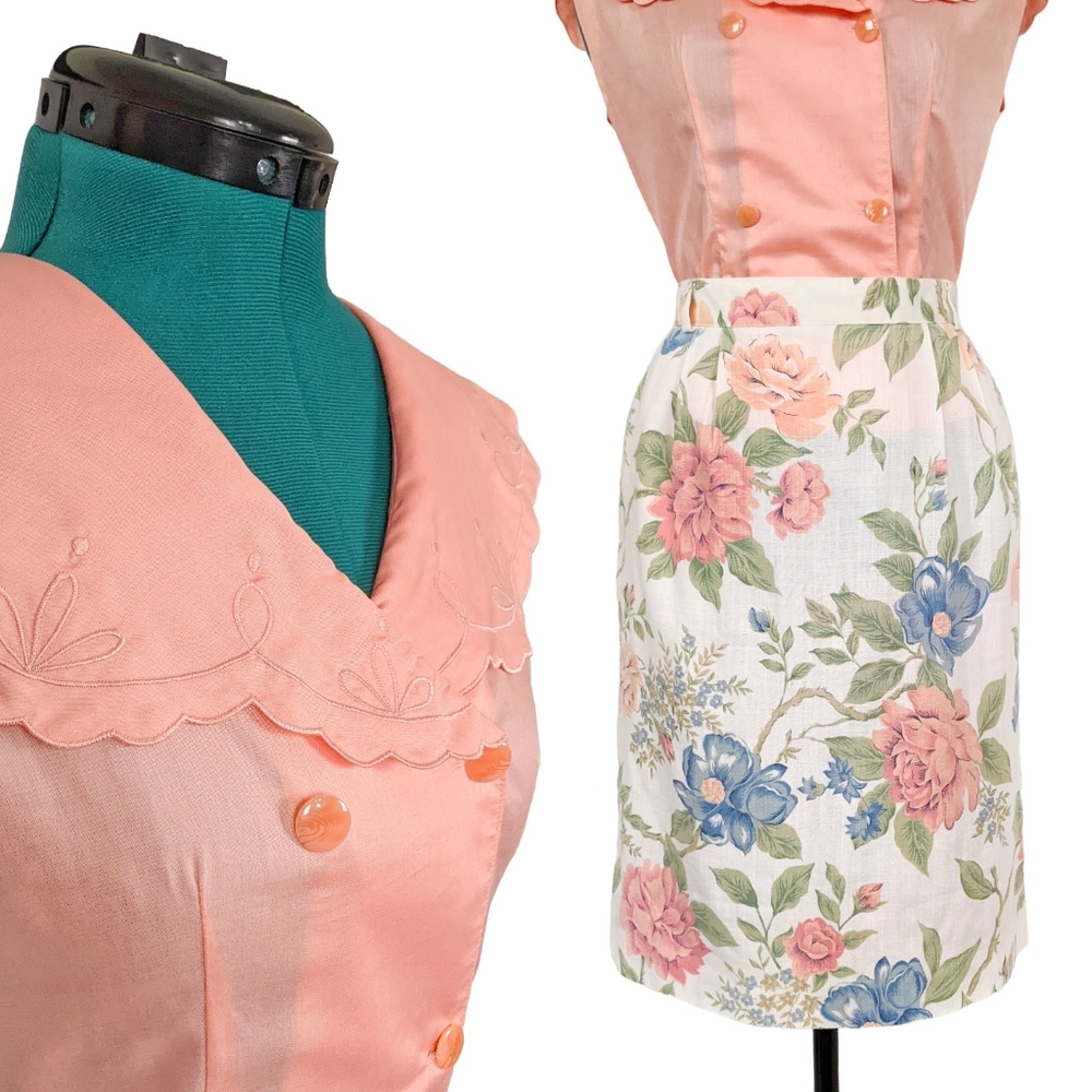 1980s Embroidered Cape Blouse Shirt & Floral Linen Skirt Set Jaclyn Smith Pink - Picture 2 of 10
